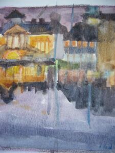 Old custom house at night 2000, Watercolour, 18x20cm