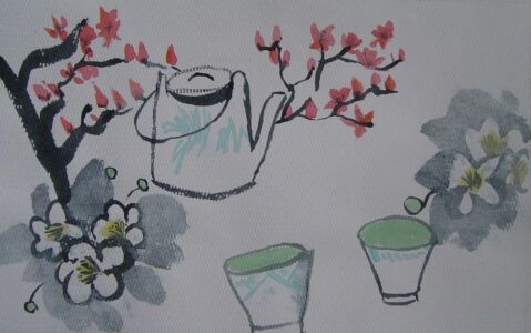 Bowls with Teapot l 2005, Watercolour (framed), 46x35cm
