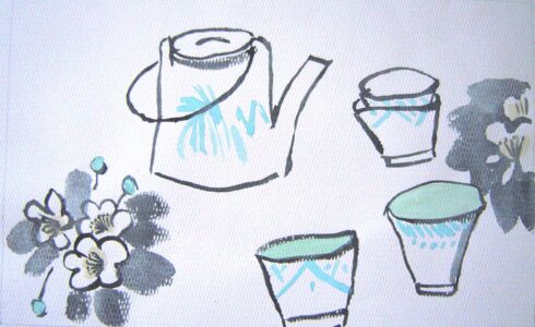 Bowls with Teapot ll 2005, Watercolour, 46x35cm