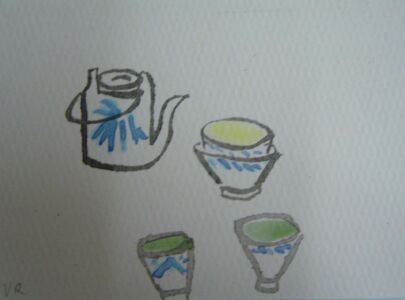 Bowls with Teapot ll 2005, Watercolour, 46x35cm
