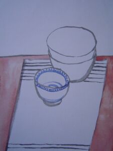 Three Bowls with Mat 2005, Watercolour, 30x41cm